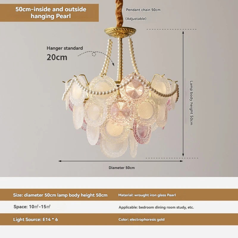 Chandelier with pearl design and measurement details on a gray background