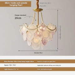 Chandelier with pearl design and measurement details on a gray background