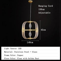 Chandelier with dimensions and material details on a black background