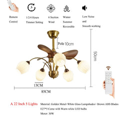 Ceiling fan with light fixture and remote control, featuring dimensions and features on a white background.