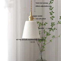 White ceramic pendant light with measurements and details