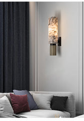 Marble and Gold Reeded Cylinder Wall Sconce, Modern Accent Lighting