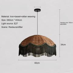 Woven Rattan Dome Pendant Light with Black Tassel Fringe
