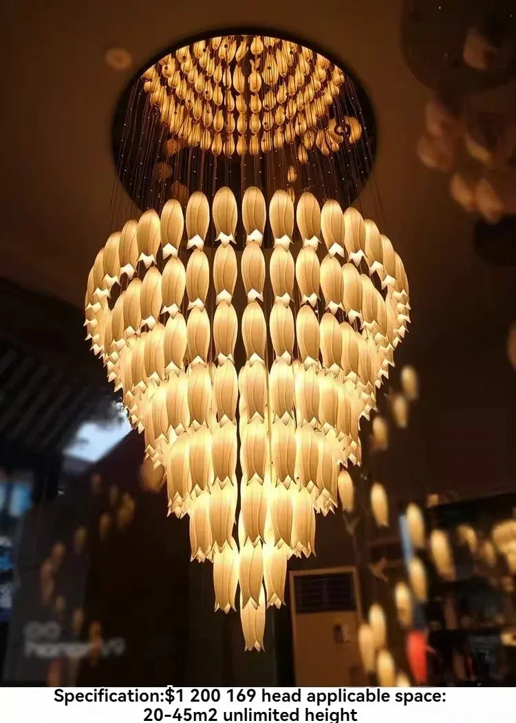Chandelier with multiple lights in a dimly lit room