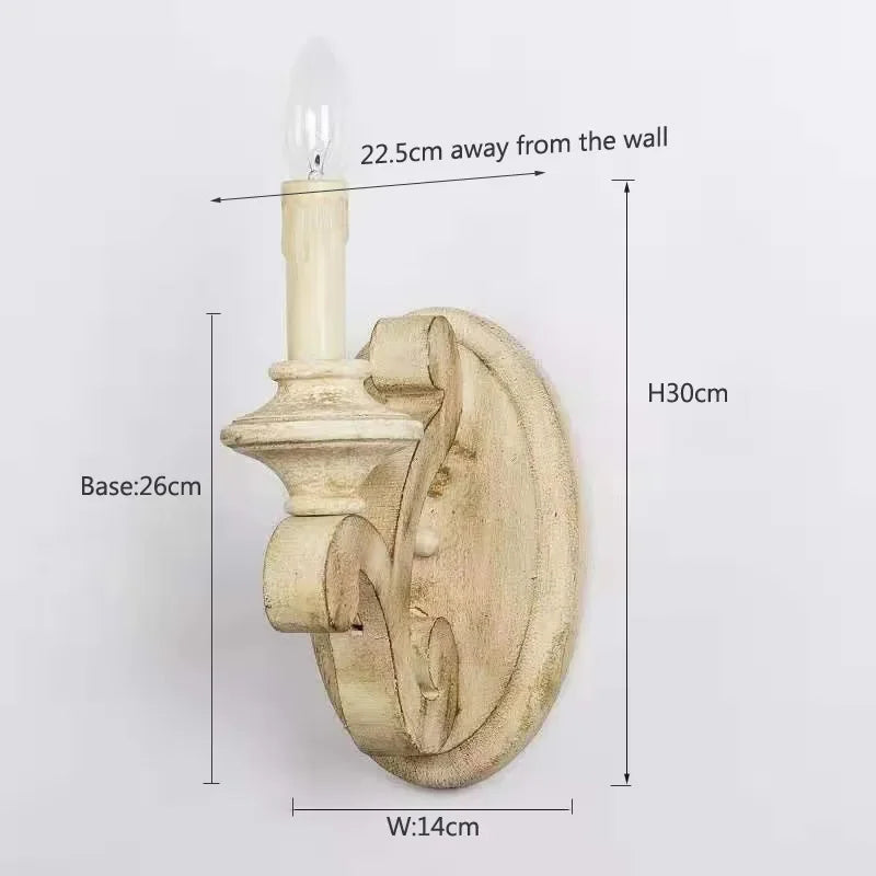 A distressed wood candle wall sconce with dimensions indicated: height 30cm, base 26cm, width 14cm, and projection 22.5cm from the wall.