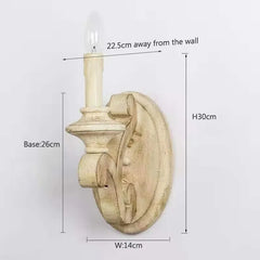 A distressed wood candle wall sconce with dimensions indicated: height 30cm, base 26cm, width 14cm, and projection 22.5cm from the wall.