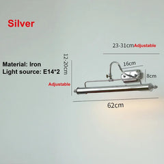 Silver wall light fixture with dimensions and specifications on a gray background