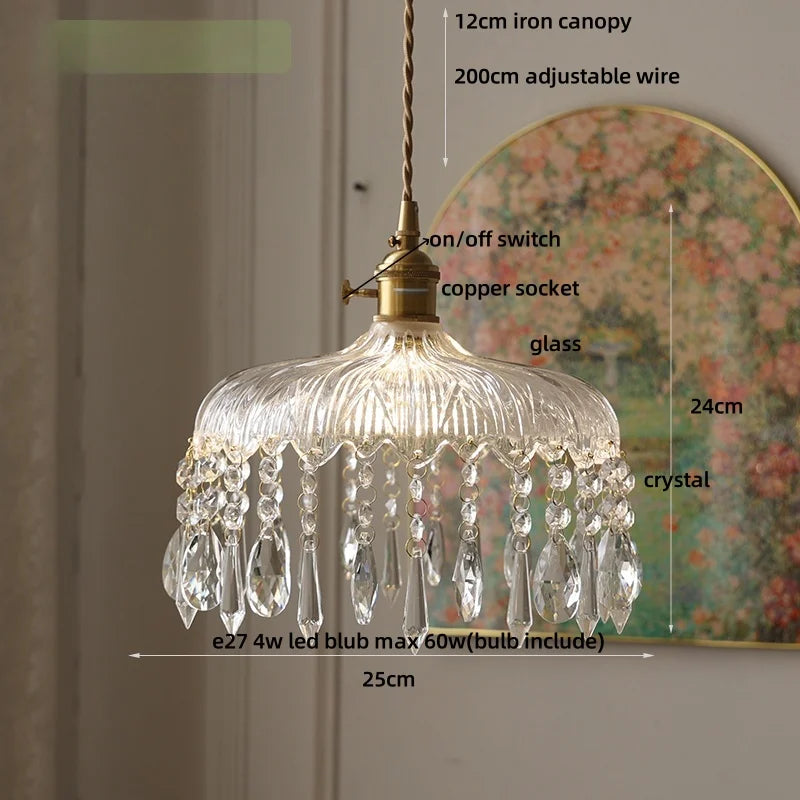 Chandelier with measurements and parts labeled on a neutral background