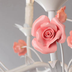 White Candelabra Chandelier with Pink Roses & Crystal Drops