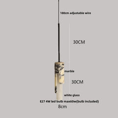 Measurement chart of a pendant light with marble base, white glass shade, and adjustable wire on a gray background.