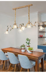 Gold Floral Branch Pendant Light Frosted Bell Shades & Leaf Accents