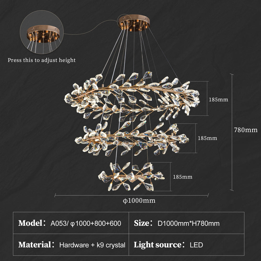 Chandelier with adjustable height feature, dimensions, and technical specifications on a dark background.