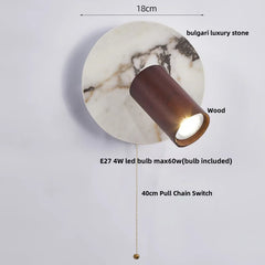 Wall-mounted light fixture with marble base and wood finish, featuring dimensions and bulb information.