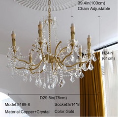 Gold chandelier with crystal accents, dimensions.