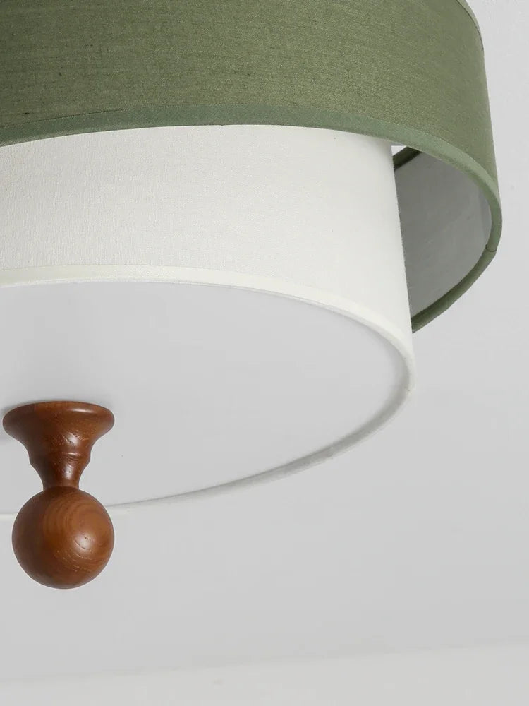 Close-up of a lamp with a green shade and wooden finial on a white background