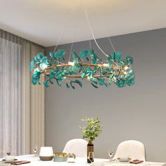 Gold Ginkgo Leaf Ring Pendant Light Fixture with Amber Glow