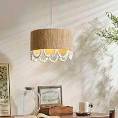 Jute Drum Pendant Light with Natural Wood Beads Accent