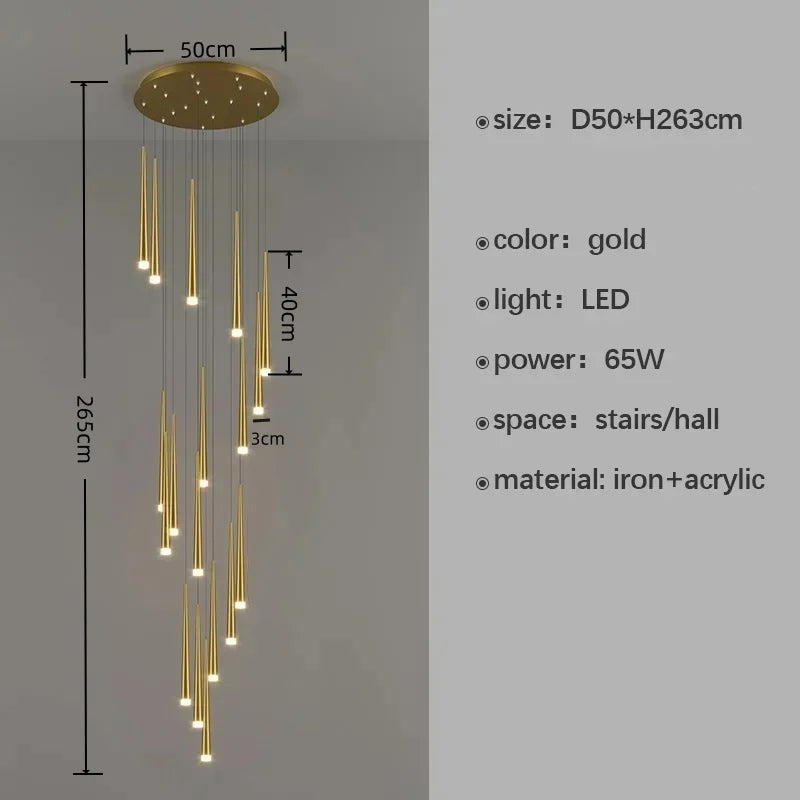 Gold pendant light with dimensions and specifications on a gray background