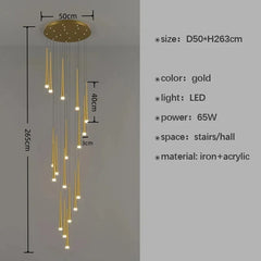 Gold pendant light with dimensions and specifications on a gray background