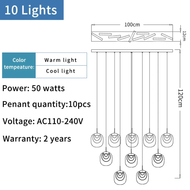 Diagram of a light fixture with specifications including number of lights, color temperature options, power rating, voltage range, and warranty details.