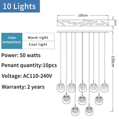 Diagram of a light fixture with specifications including number of lights, color temperature options, power rating, voltage range, and warranty details.