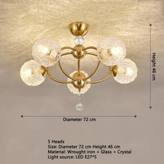 Gold Crystal Globe Semi-Flush Ceiling Light with Textured Glass Shades