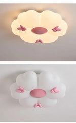 White Flower Cloud Semi-Flush Mount Light with Pink Butterflies
