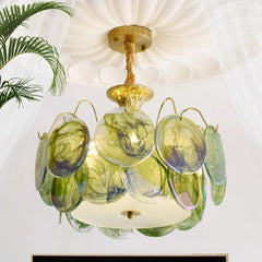 Gold Metal Frame Amethyst Glass Disc Semi-Flush Mount Chandelier
