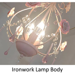 Pink Rose Crystal Chandelier Pendant Light with Floral Accents
