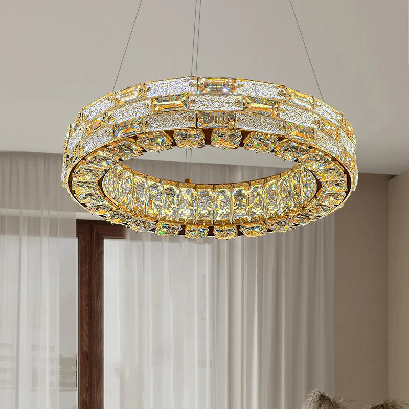 Chandelier with crystal accents hanging in a room with curtains.