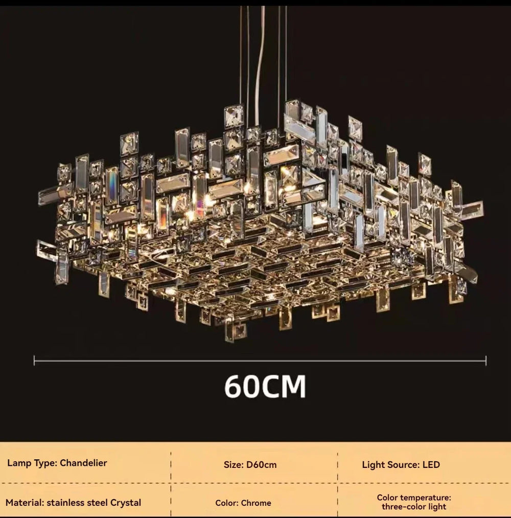 Chandelier with dimensions and technical specifications on a black background