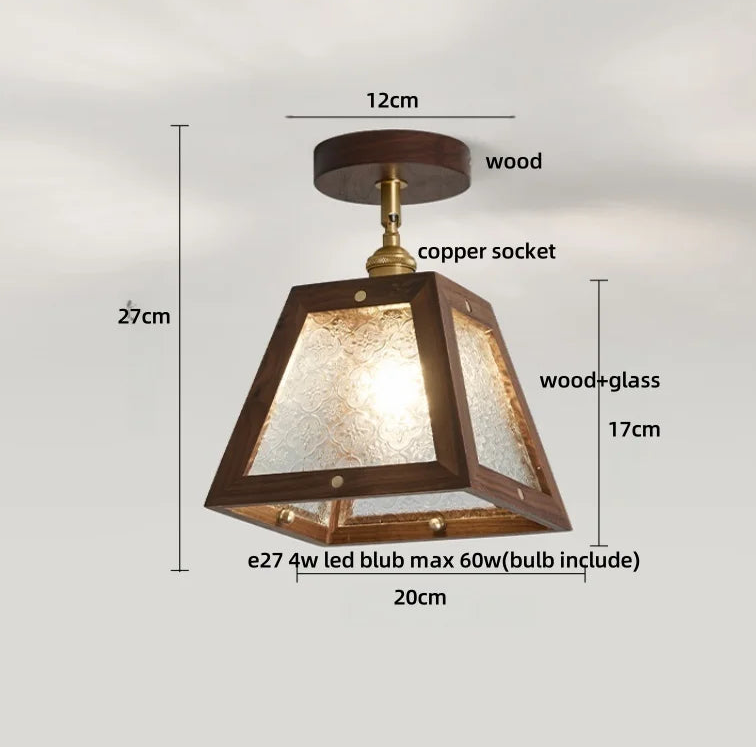 Wooden pendant light with dimensions and material labels on a white background