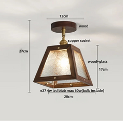 Wooden pendant light with dimensions and material labels on a white background