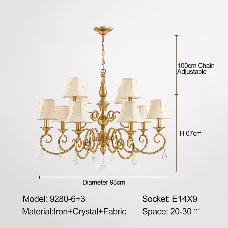 Gold chandelier with white lampshades and dimensions on a light gray background