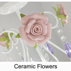 White Metal Chandelier with Rose Buds and Purple Crystal Drops