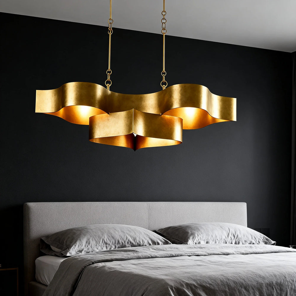 Detail of the gold finish and petal-like structure of the semi-flush ceiling light.