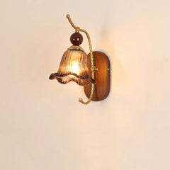 Gold Floral Glass Wall Sconce with Wood Backplate and Amber Bell Shade