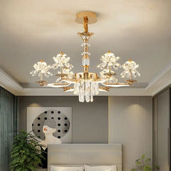 Gold Flower Crystal Waterfall Chandelier with Polished Metal Frame