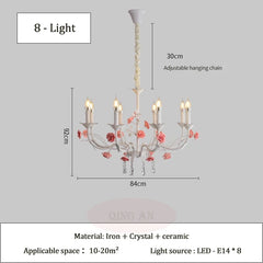 White Candelabra Chandelier with Pink Roses & Crystal Drops