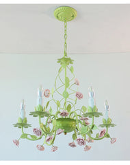Green Floral Rose Ceramic Semi-Flush Chandelier with Leaf Accents