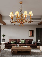 Gold Floral Bird Pine Cone Chandelier with Bell Shades