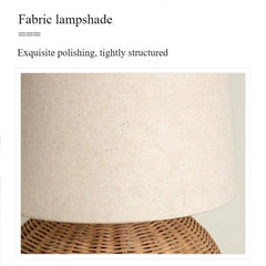 Close-up view of the texture of the fabric lampshade on the woven rattan table lamp.