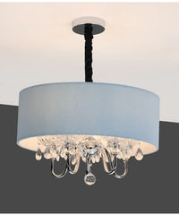 Blue Fabric Drum Pendant Light with Crystal Accents