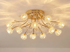 Gold Floral Crystal Chandelier Semi-Flush Mount Light
