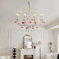 White Candelabra Chandelier with Pink Roses & Crystal Drops
