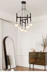 Modern Multi-Arm Wood and Glass Chandelier