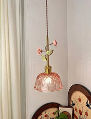 Gold Ceramic Flower Pendant Light with Glass Shade