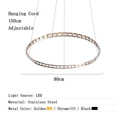 Chandelier with dimensions and material details on a white background