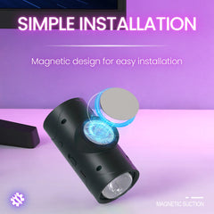 Black cylindrical light fixture with magnetic design on a purple background, featuring text about simple installation.