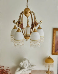Polished Brass Floral Ceramic Hanging Chandelier